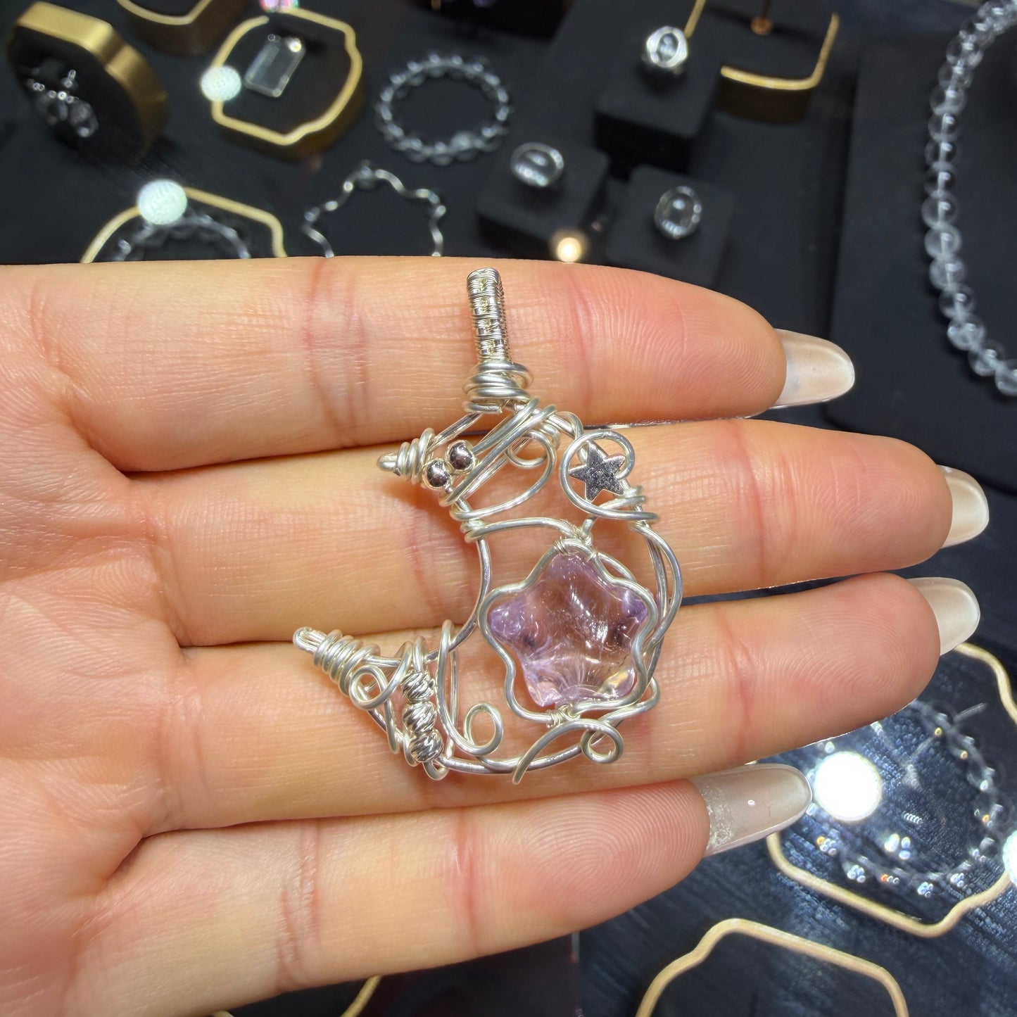 Handmade Copper Wire Wrapped Crescent Moon Crystal Pendant