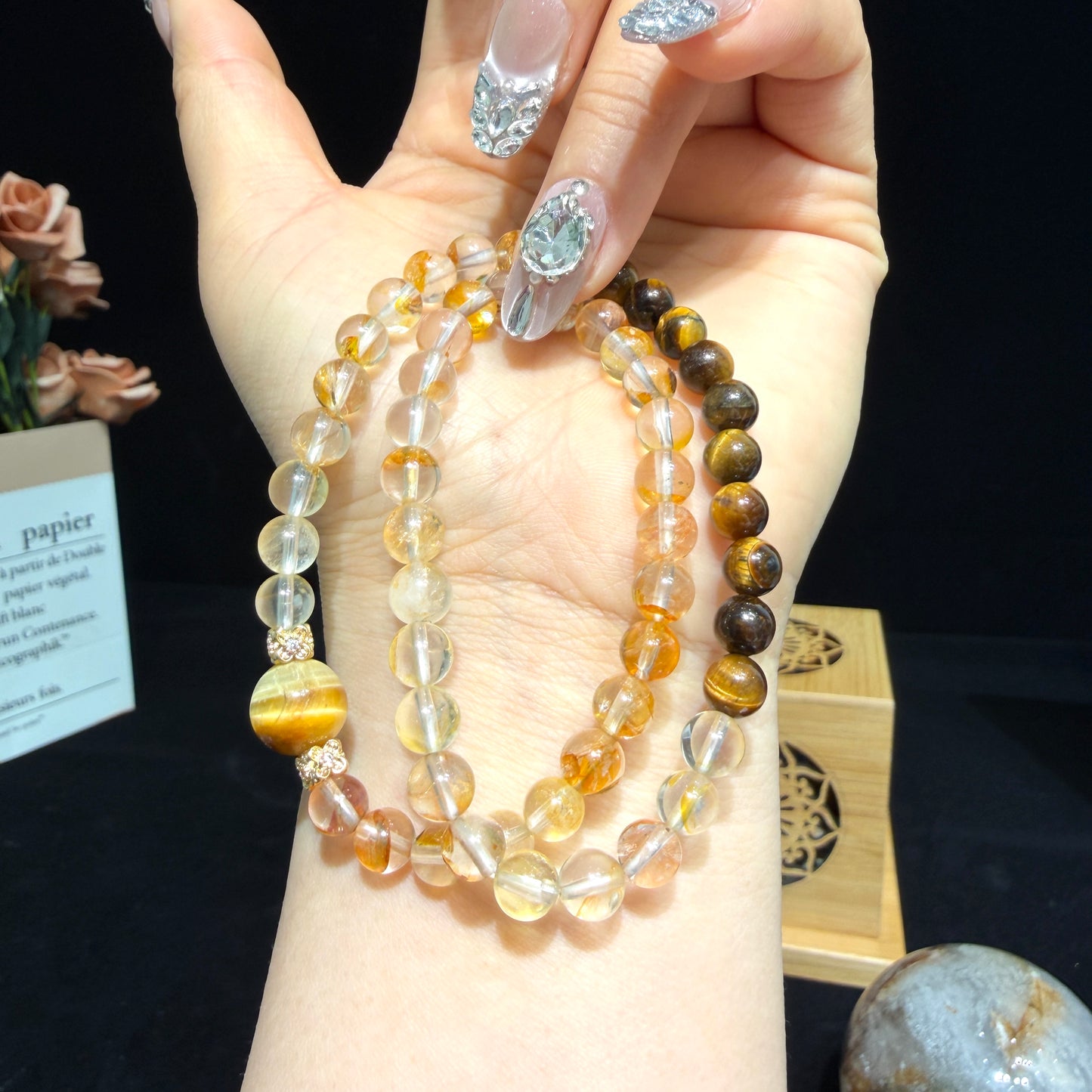 Natural Yellow Flower Quartz & Tiger’s Eye Double Wrap Bracelet