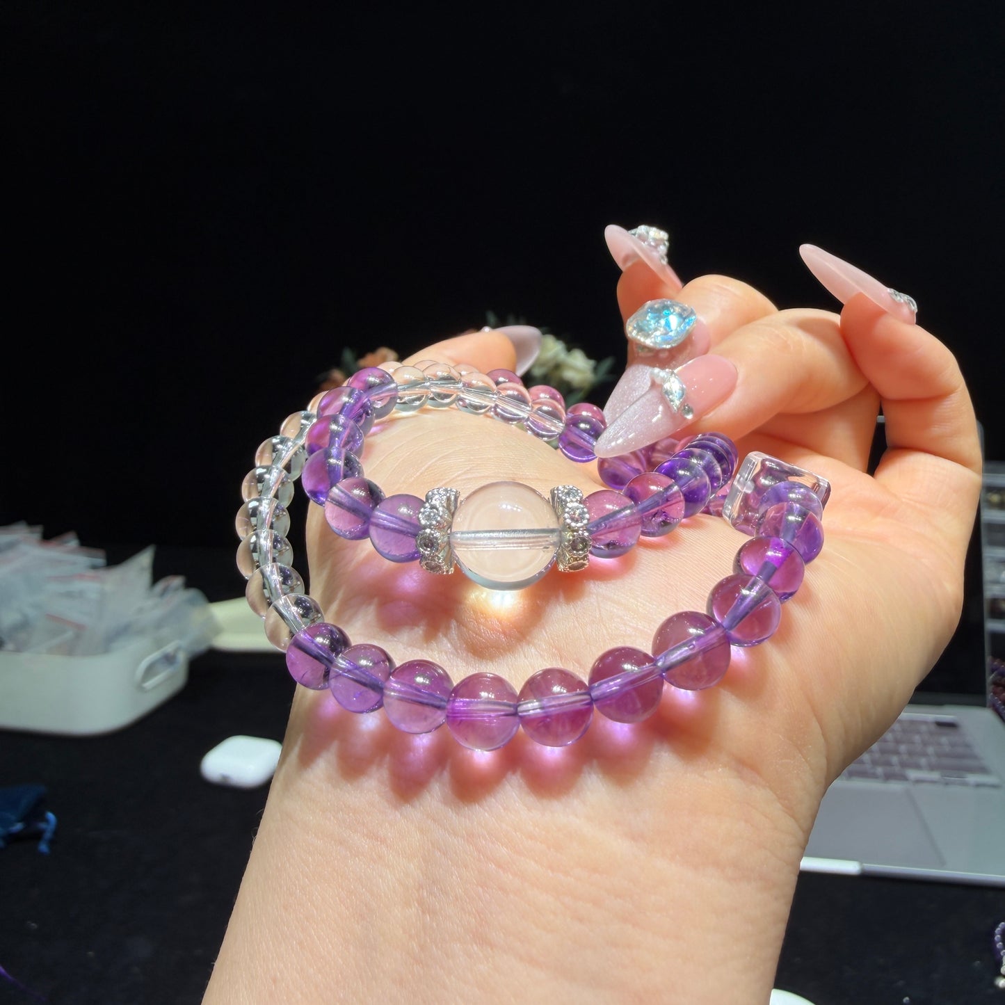 Amethyst & Clear Quartz Double Wrap Bracelet