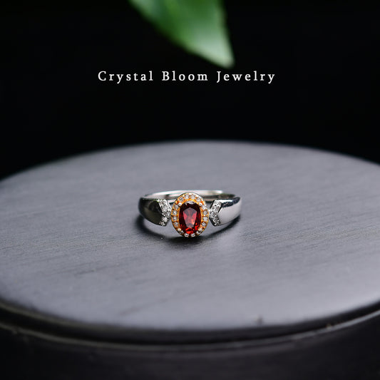 Natural Oval Garnet Moissanite Ring