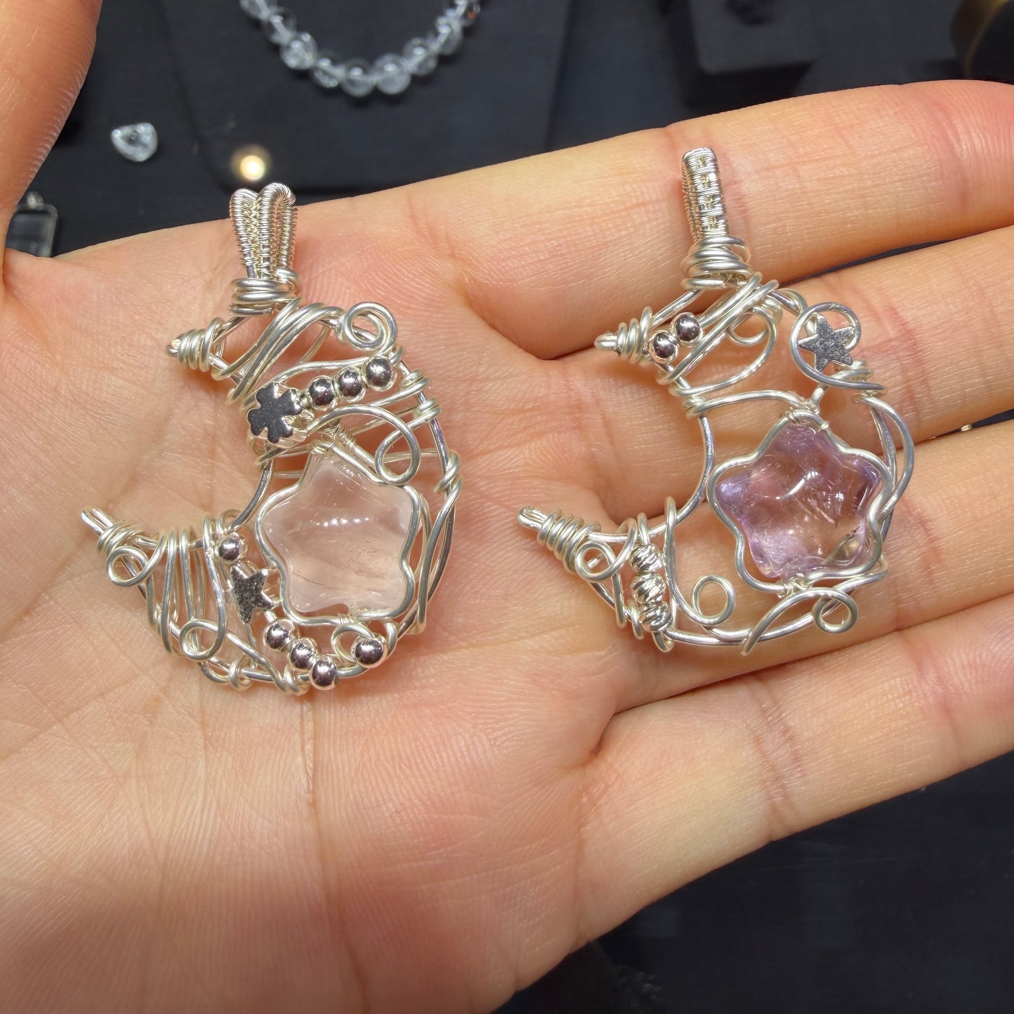 Handmade Copper Wire Wrapped Crescent Moon Crystal Pendant