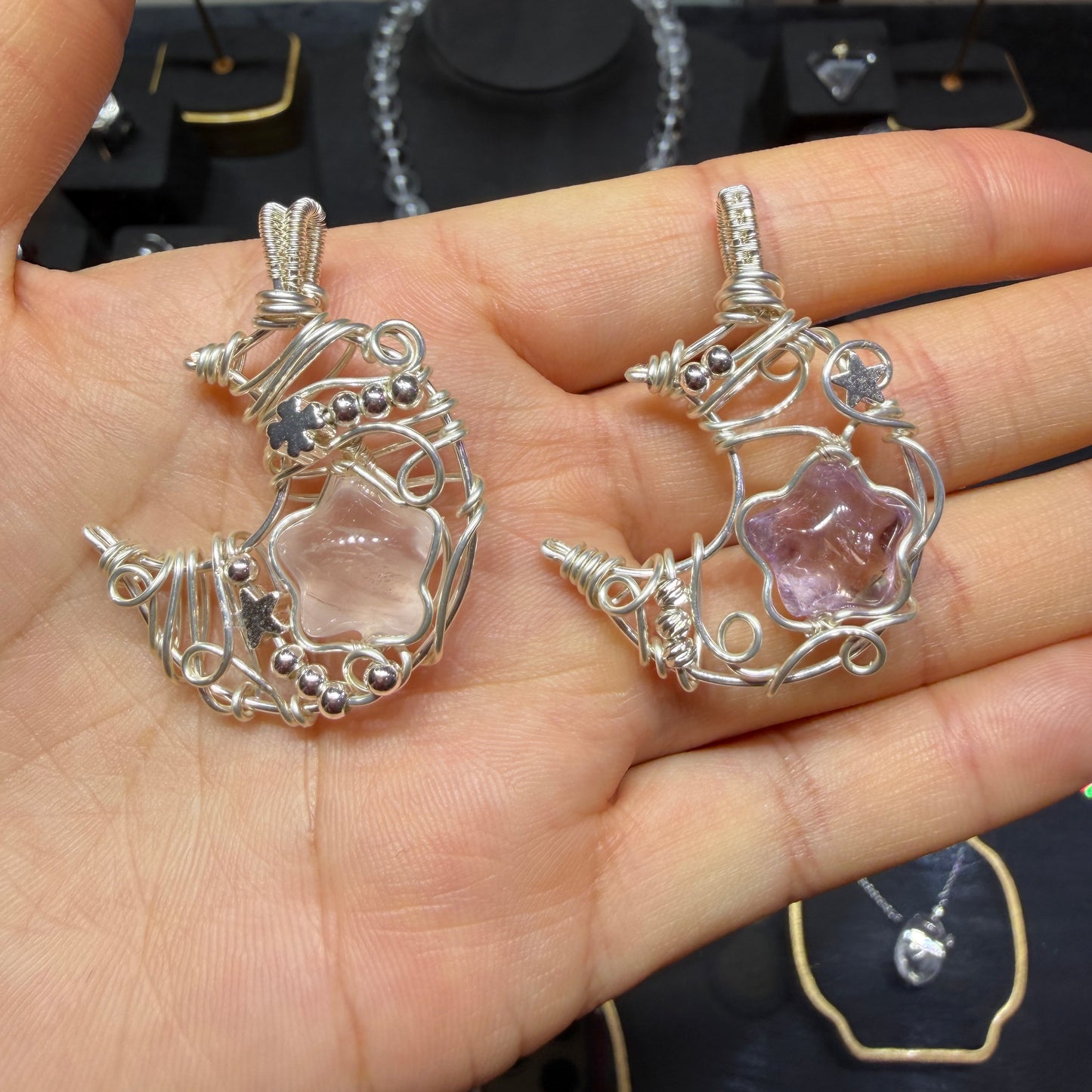 Handmade Copper Wire Wrapped Crescent Moon Crystal Pendant