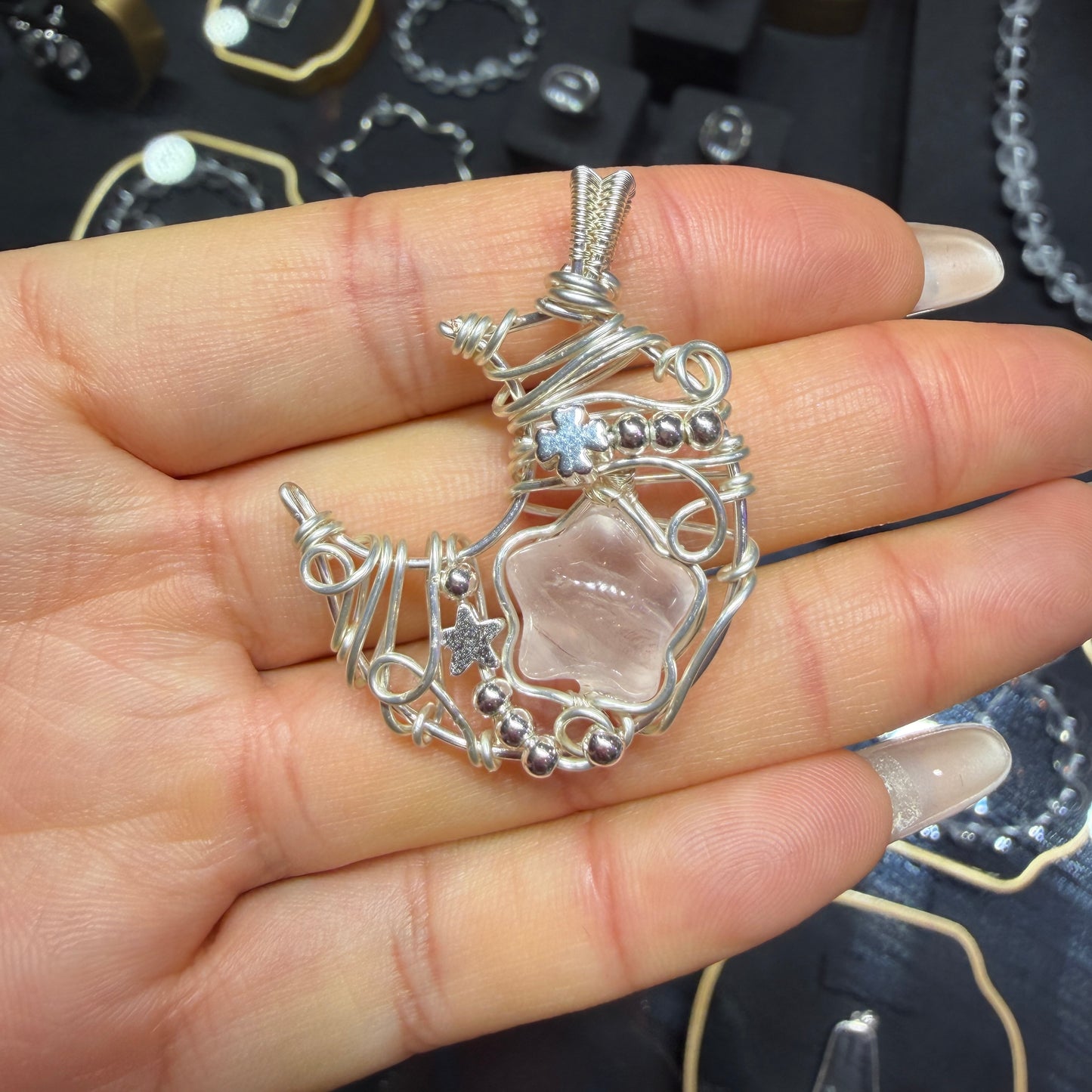 Handmade Copper Wire Wrapped Crescent Moon Crystal Pendant