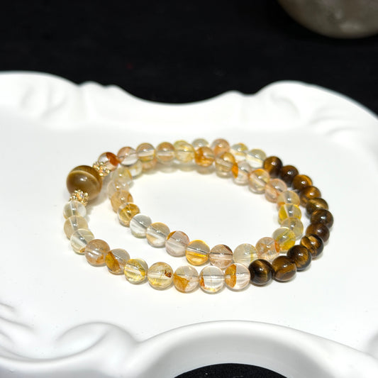Natural Yellow Flower Quartz & Tiger’s Eye Double Wrap Bracelet