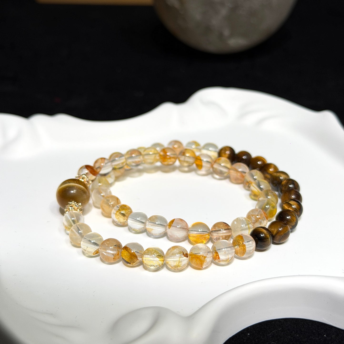 Natural Yellow Flower Quartz & Tiger’s Eye Double Wrap Bracelet