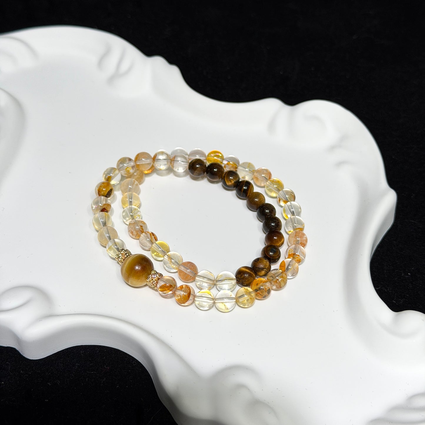 Natural Yellow Flower Quartz & Tiger’s Eye Double Wrap Bracelet