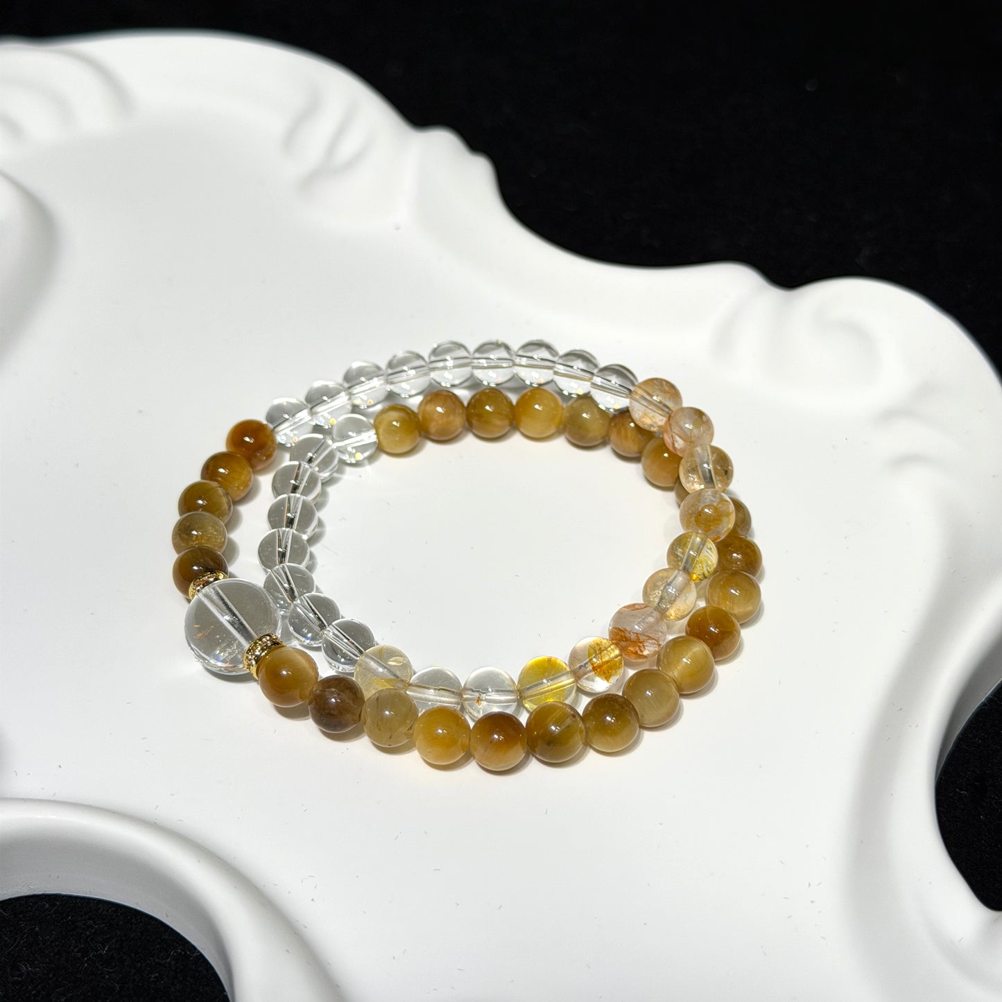 Natural Clear Quartz & Tiger’s Eye Double Wrap Stretch Bracelet