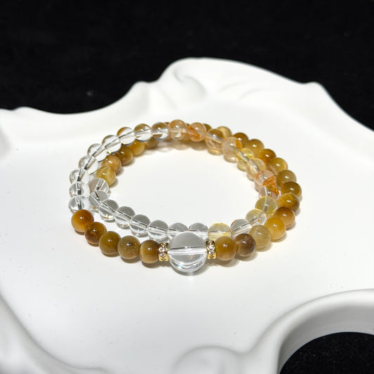 Natural Clear Quartz & Tiger’s Eye Double Wrap Stretch Bracelet