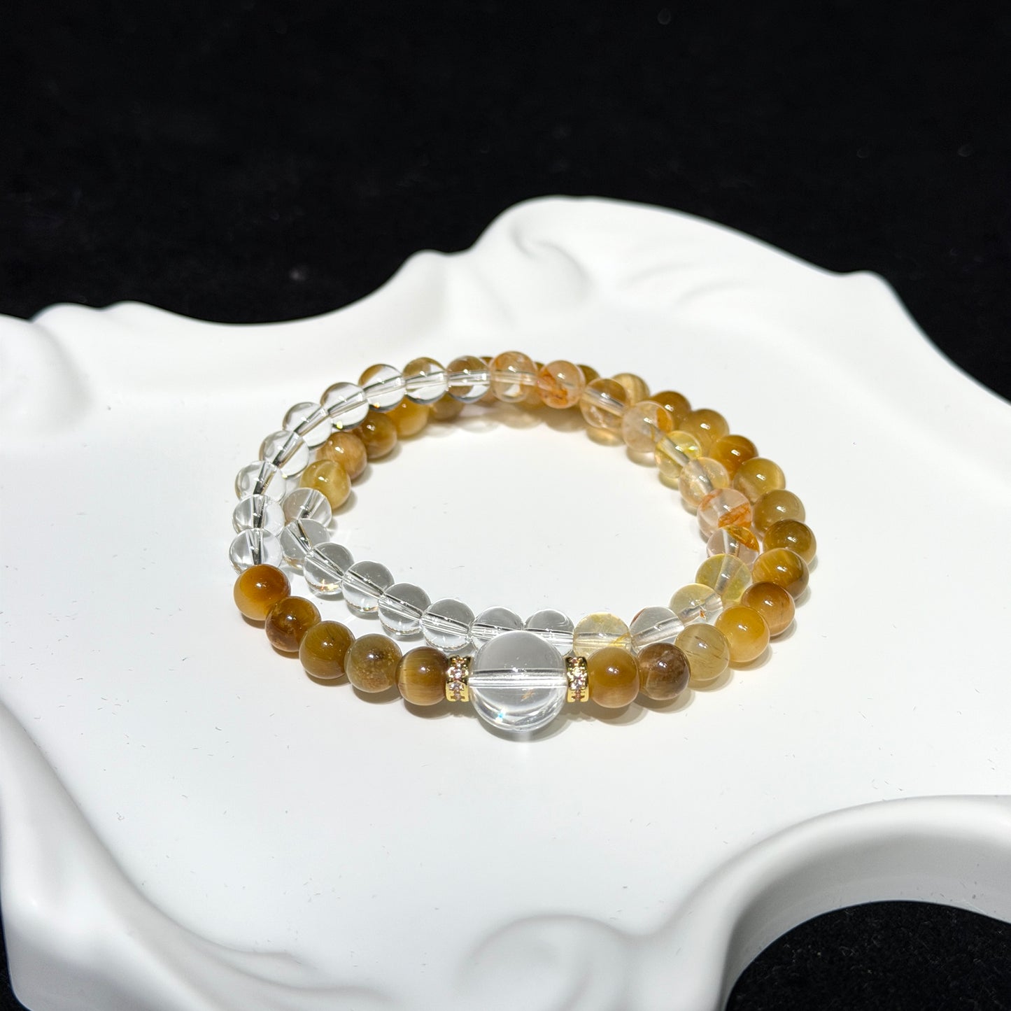 Natural Clear Quartz & Tiger’s Eye Double Wrap Stretch Bracelet