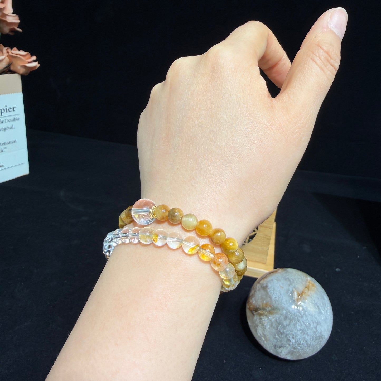 Natural Clear Quartz & Tiger’s Eye Double Wrap Stretch Bracelet