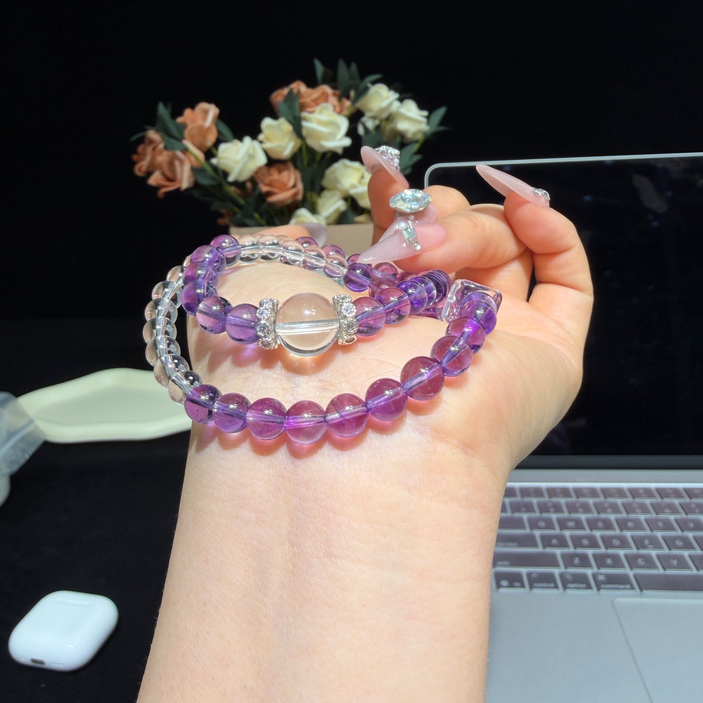 Amethyst & Clear Quartz Double Wrap Bracelet