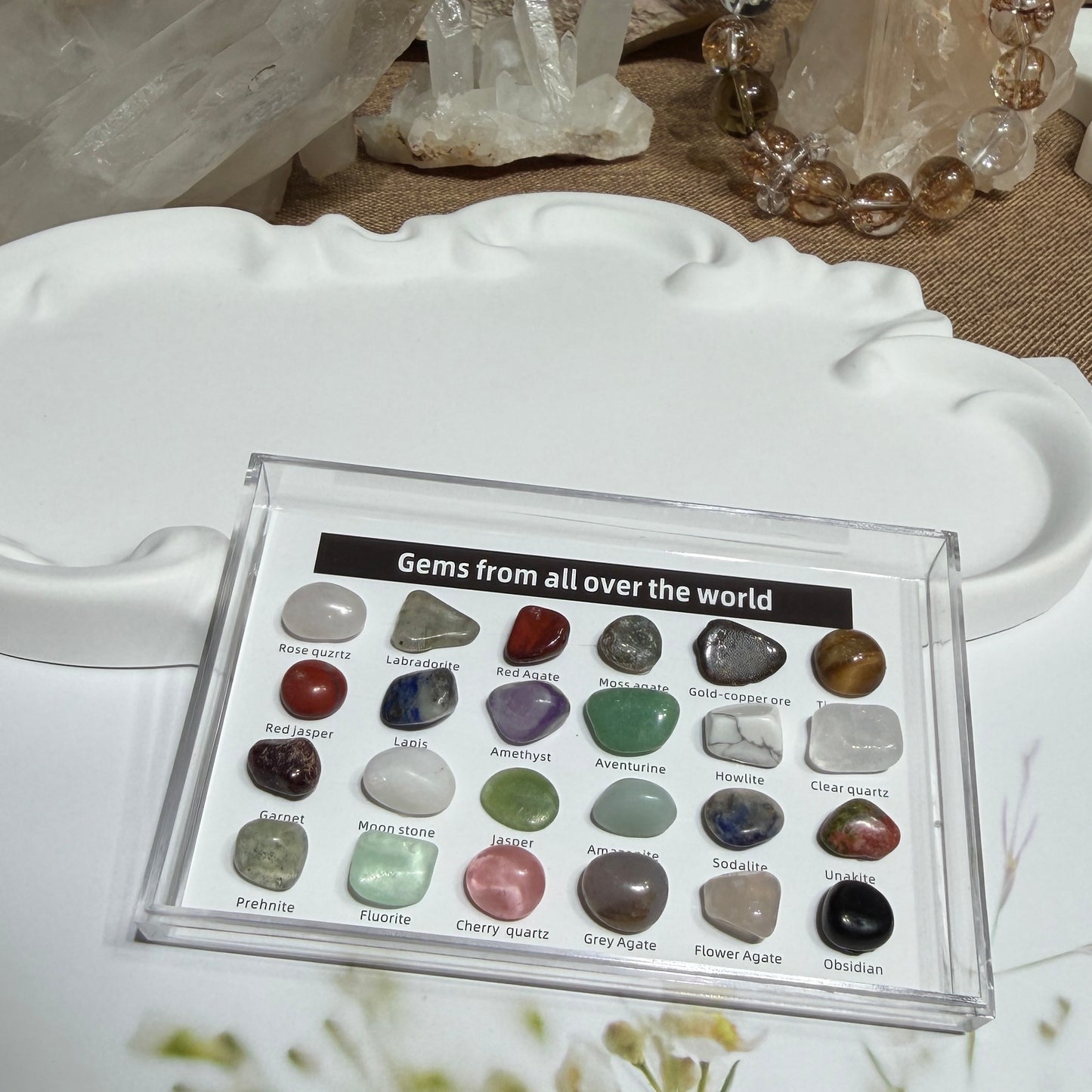 24 Gems Crystal Specimen Display | Mini Gemstone Collection Box
